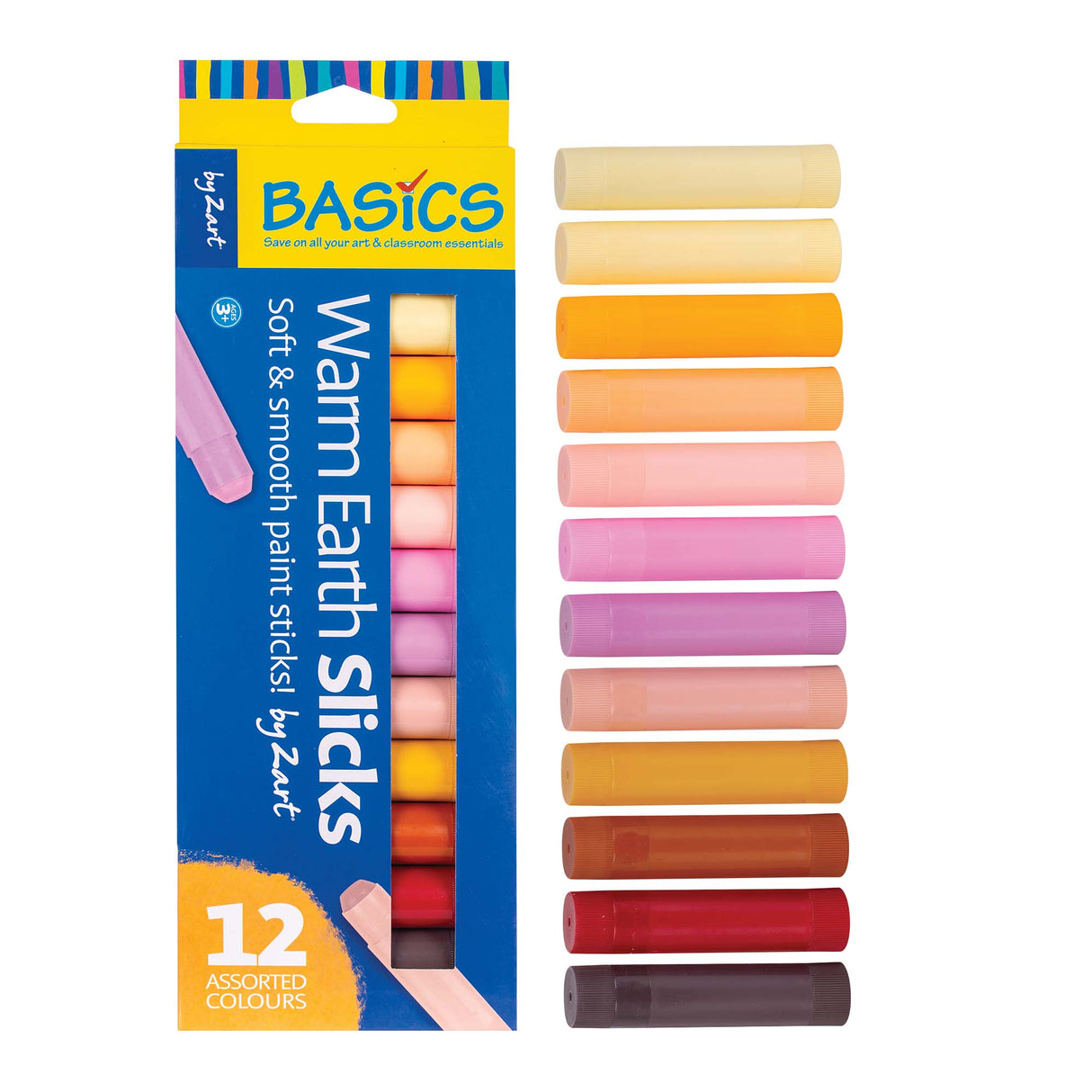 Packaging for Zart Colour Slicks – Warm Earth set. Box shows 12 assorted warm tones including yellows, peaches, pinks, oranges, browns, and dark neutrals. The blue pack reads “Warm Earth slicks – Soft & smooth paint sticks by Zart.”