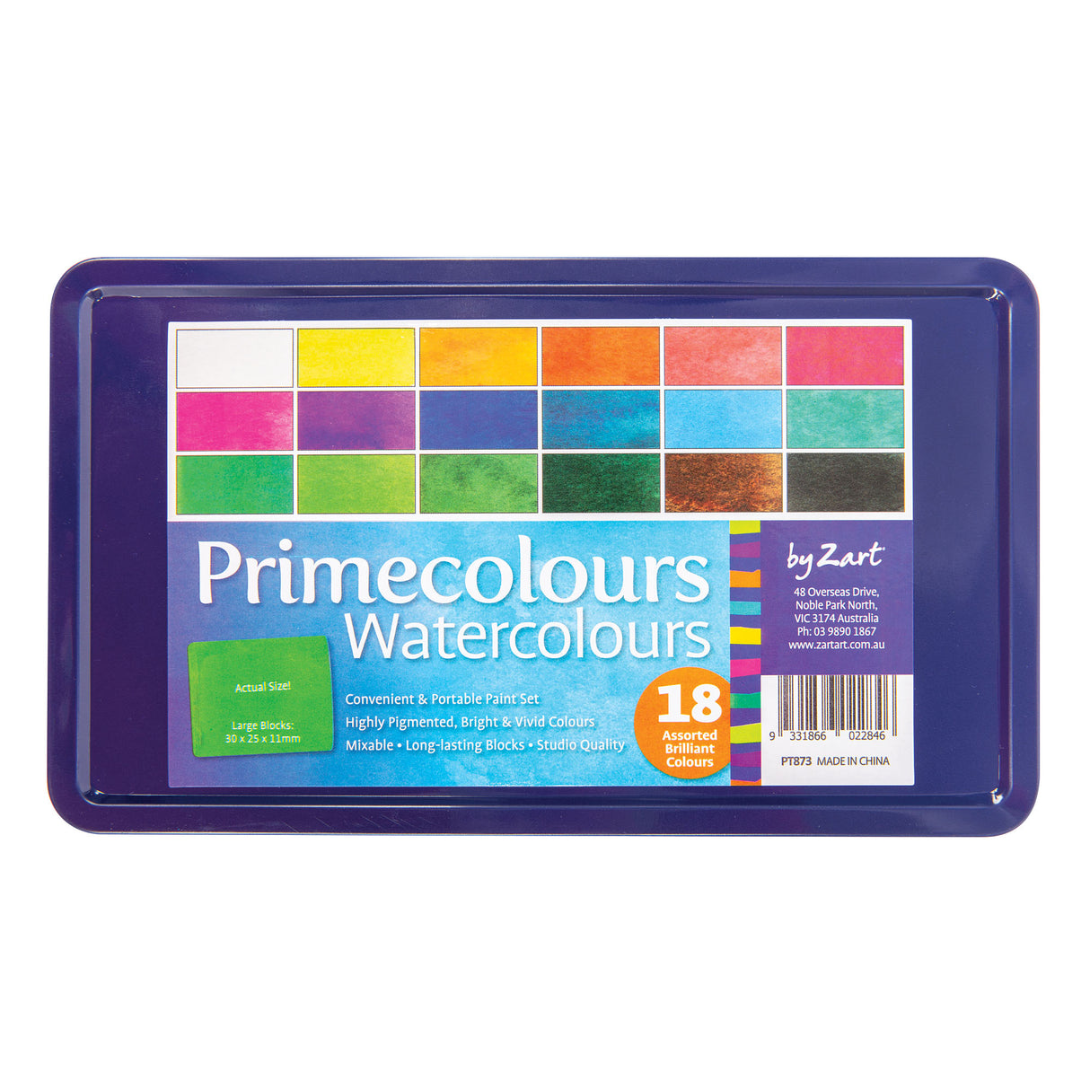 Primecolours Watercolours by Zart in a purple plastic palette case, displaying 18 assorted brilliant colours in large blocks. The lid features colour swatches showing the vibrant range including yellows, oranges, pinks, purples, blues, greens, and browns. Packaging notes: Actual Size! Large Blocks 30 x 25 x 11mm, Convenient & Portable Paint Set, Highly Pigmented, Bright & Vivid Colours, Mixable, Long-lasting Blocks, Studio Quality.