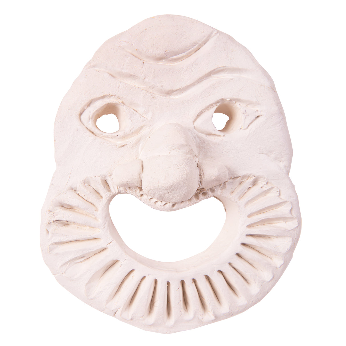 Hand-sculpted clay mask with expressive facial features, including raised brows, a prominent nose, and a large open mouth, demonstrating the material’s ability to hold detailed hand-formed shapes.