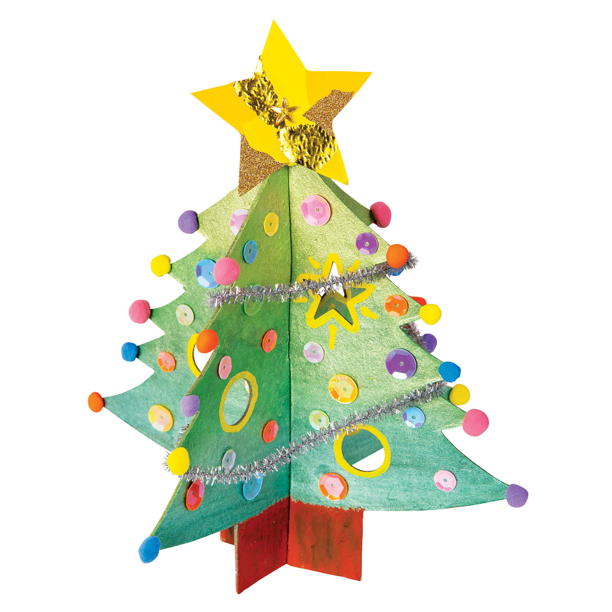 A decorated Zart Papier-mache 3D Christmas Tree painted in shimmering green with a red trunk base. A large gold and yellow star tops the tree, decorated with silver tinsel garland, colourful pompoms, and iridescent sequins, plus a hand-drawn yellow star cut-out.