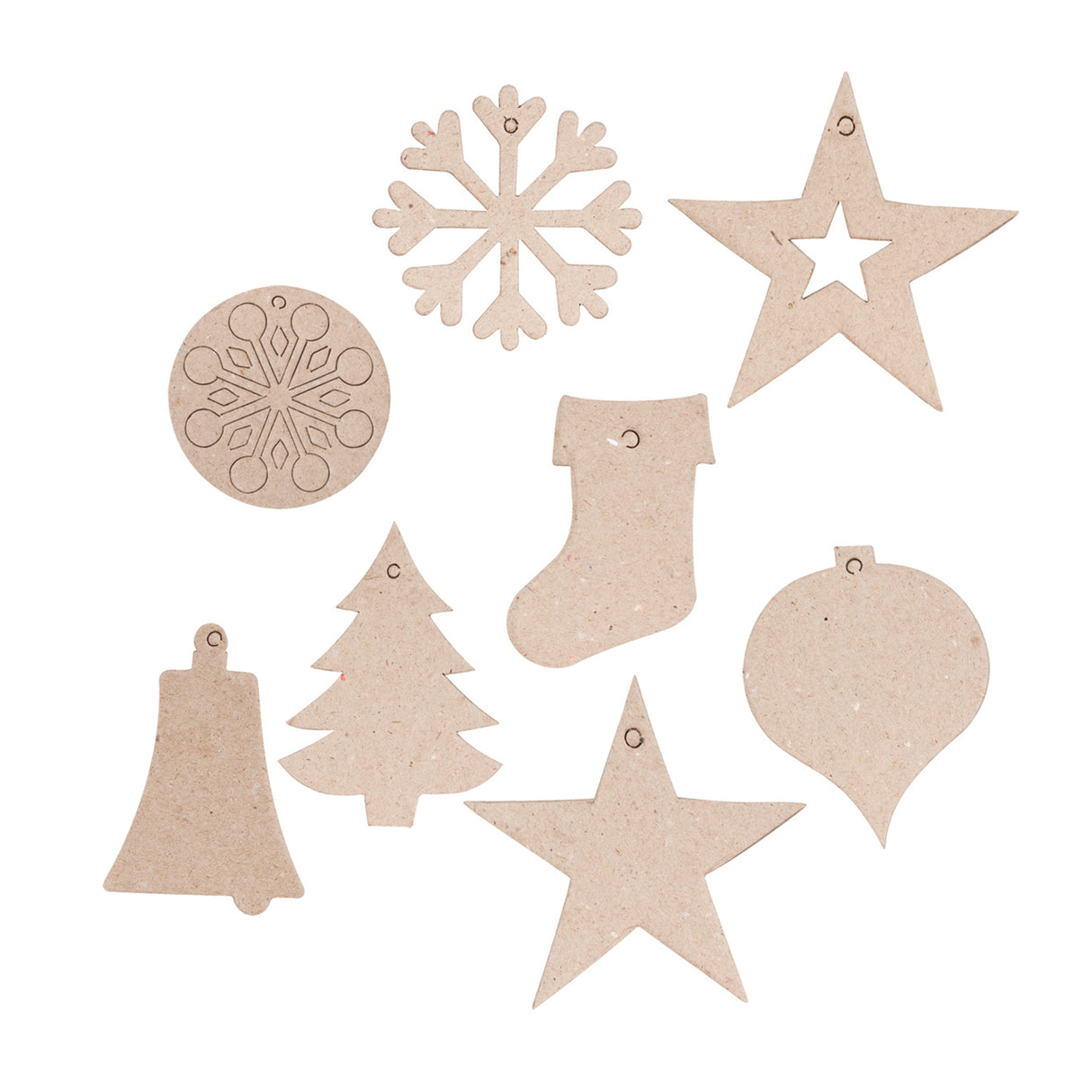 A flat lay of individual unpainted Zart Papier-mache Christmas decorations in natural kraft brown, including a snowflake, a circular snowflake motif, an open star, a bell, a Christmas tree, a stocking, a solid star, and a bauble, each with a small hanging hole.