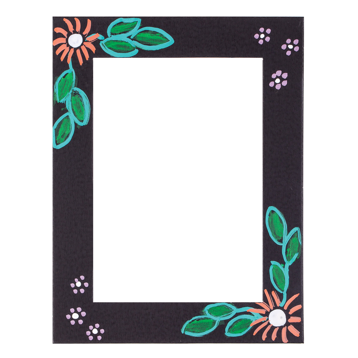 Black picture mount with white centre opening, decorated with hand-painted botanical design featuring orange flowers with white centres, green leaves outlined in turquoise, and clusters of pink and white dots creating a colourful floral border frame.