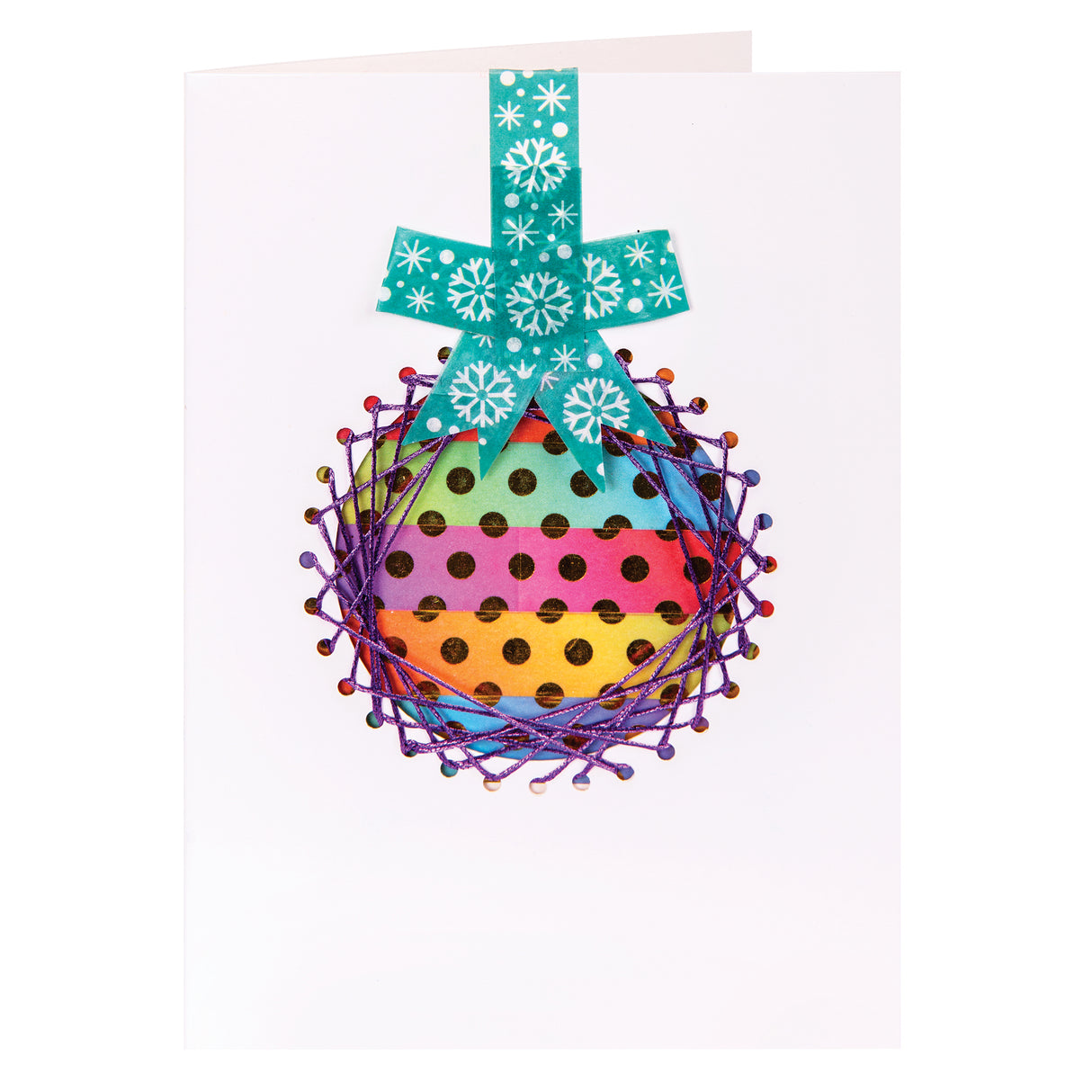 A decorated bauble sample made using a Zart Christmas Cut-out Threading Card, with purple thread woven around the circle outline over a rainbow-striped, polka-dot patterned insert. A teal snowflake-print ribbon bow sits at the top, finishing the hanging bauble design.