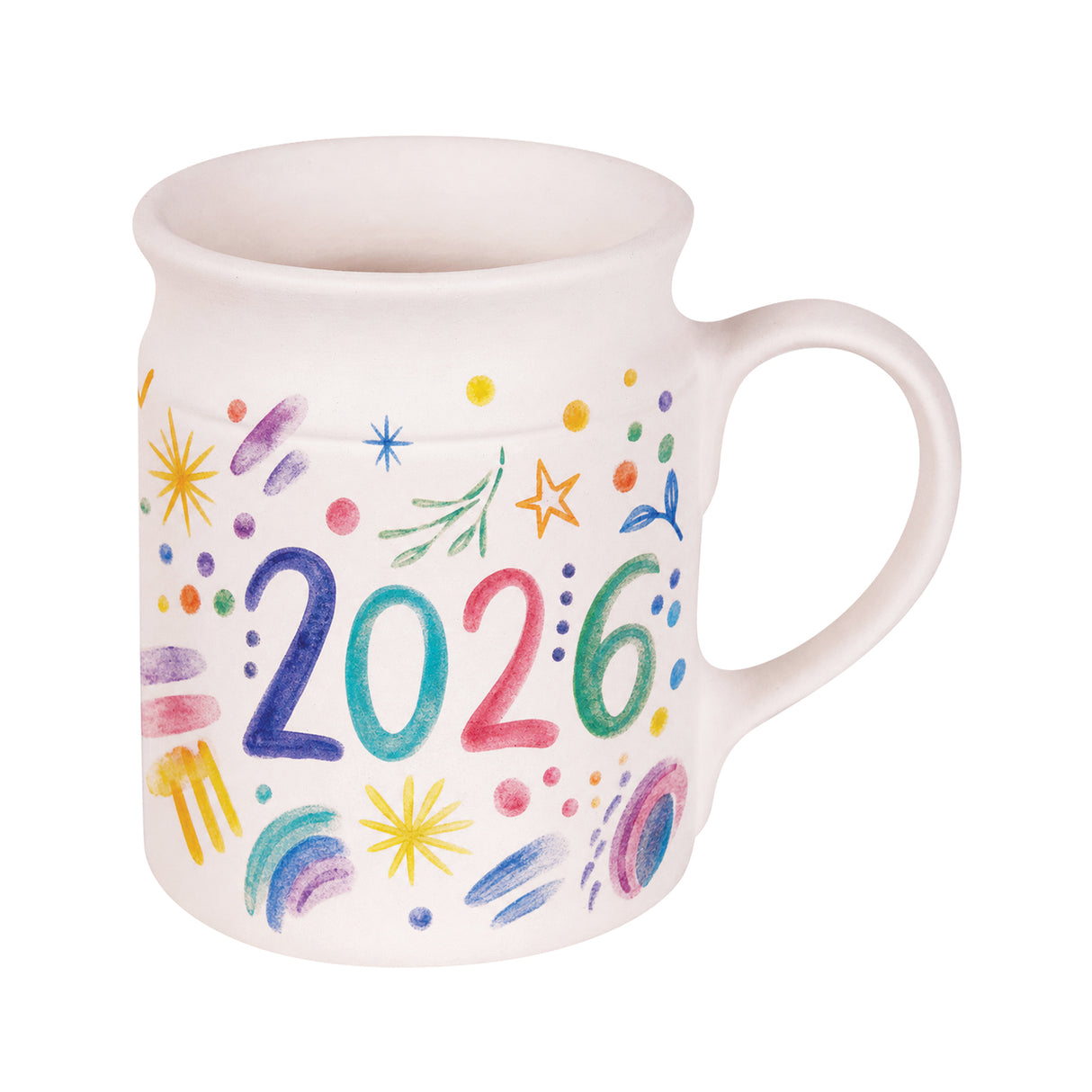 A decorated sample made using a Ceramic Mug Bisque Fired, hand-painted with colourful New Year motifs. The large "2026" sits centre-front in blue, teal, pink and green, surrounded by scattered stars, dots, rainbows and sparkle marks in a soft watercolour-style palette.