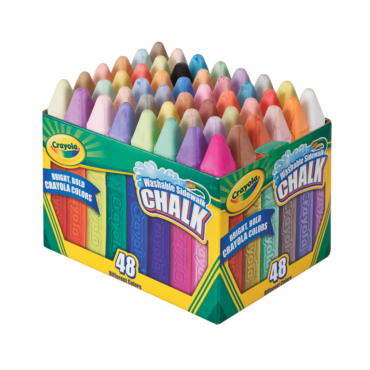 A green and yellow Crayola sidewalk chalk carton viewed from above with its lid removed, displaying rows of cone-tipped chalk sticks standing upright and tightly packed in a wide range of bright and pastel colours. The box sides feature an illustrated band of coloured chalk.