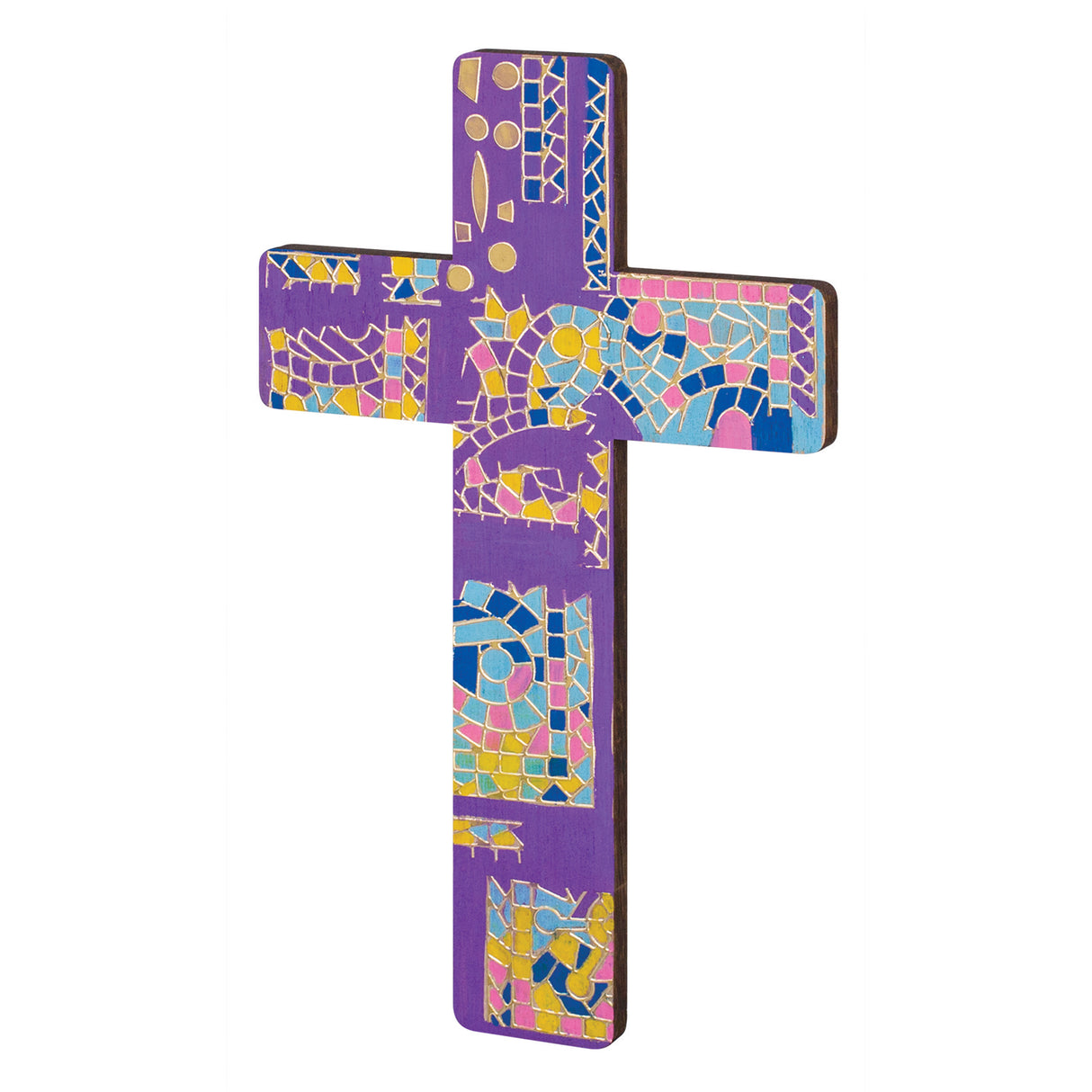 Decorated wooden cross featuring mosaic tiles arranged across a purple background. Irregular shapes in blue, pink, yellow and gold create patterns and borders. Grout lines define sections, highlighting texture. Rounded edges remain visible, demonstrating how the blank can be transformed into a colourful finished artwork.