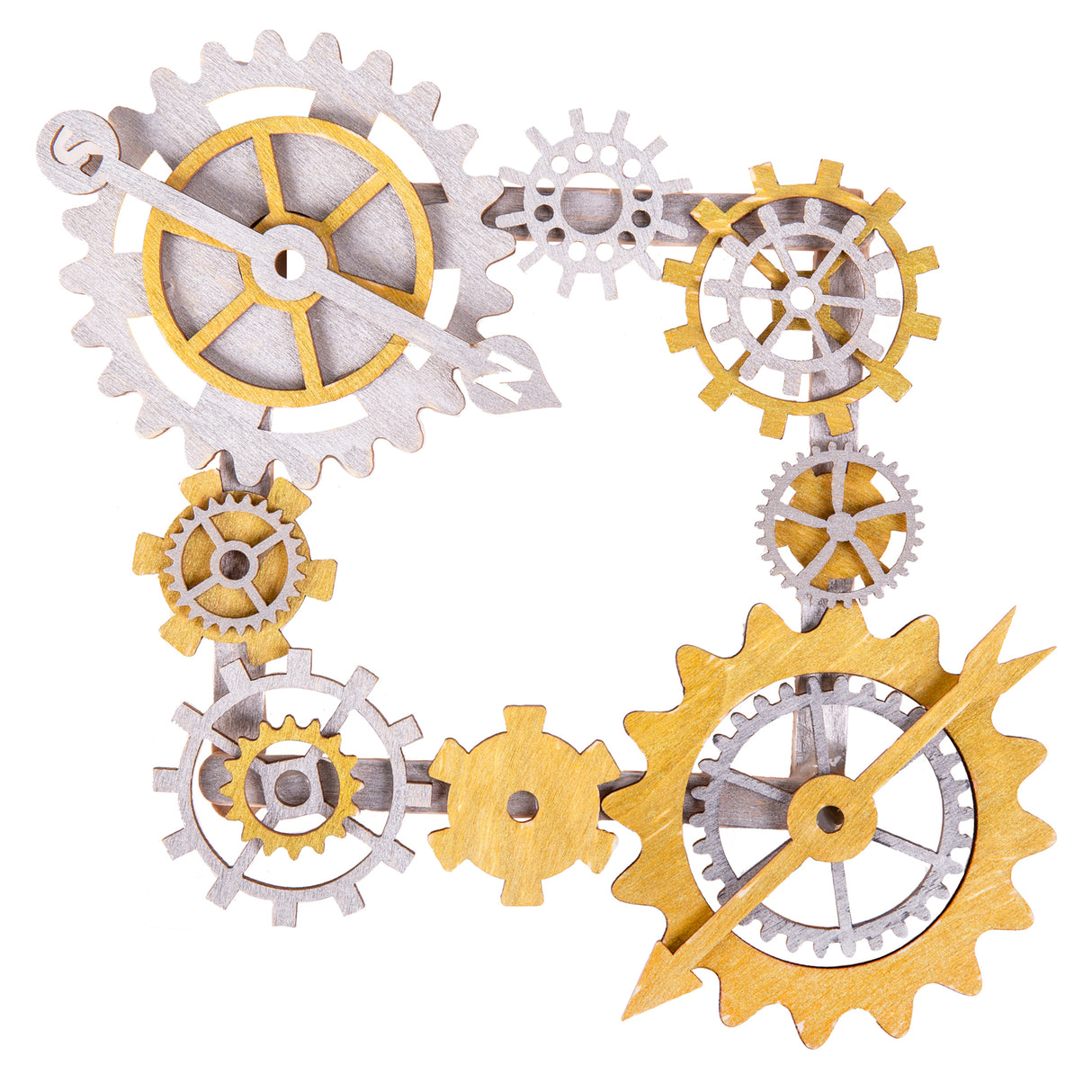 Decorated Zart Wooden Gears and Cogs Assorted pieces are arranged into a square frame design on a pale background. The laser-cut timber shapes have been coloured with metallic silver and gold finishes, demonstrating layering techniques and creative possibilities for steampunk-inspired mixed media artworks.