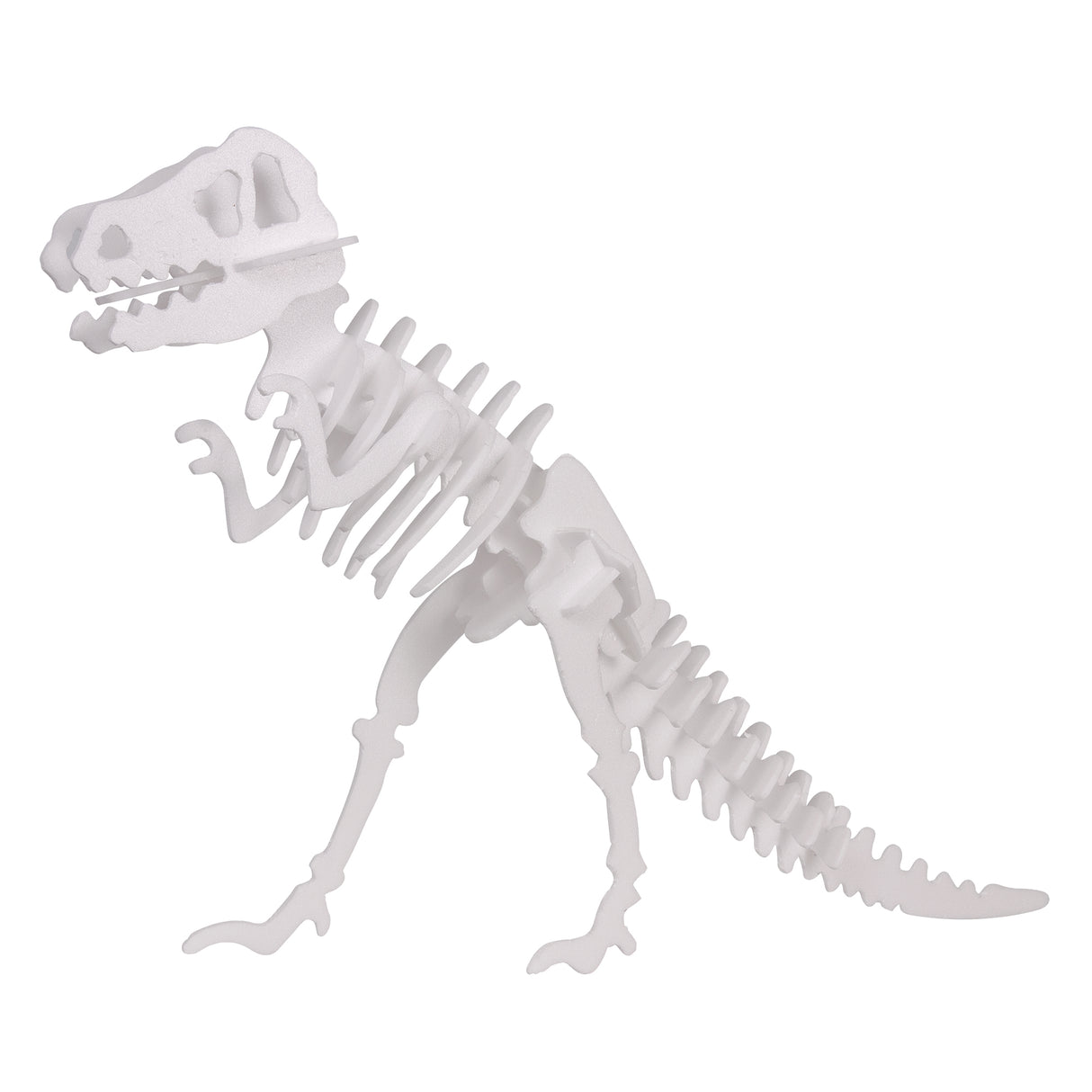 White foam pieces assembled into a dinosaur skeleton form, showing smooth outer surfaces and slightly textured cut edges. The interlocking parts create a layered, dimensional look with consistent thickness throughout the structure.