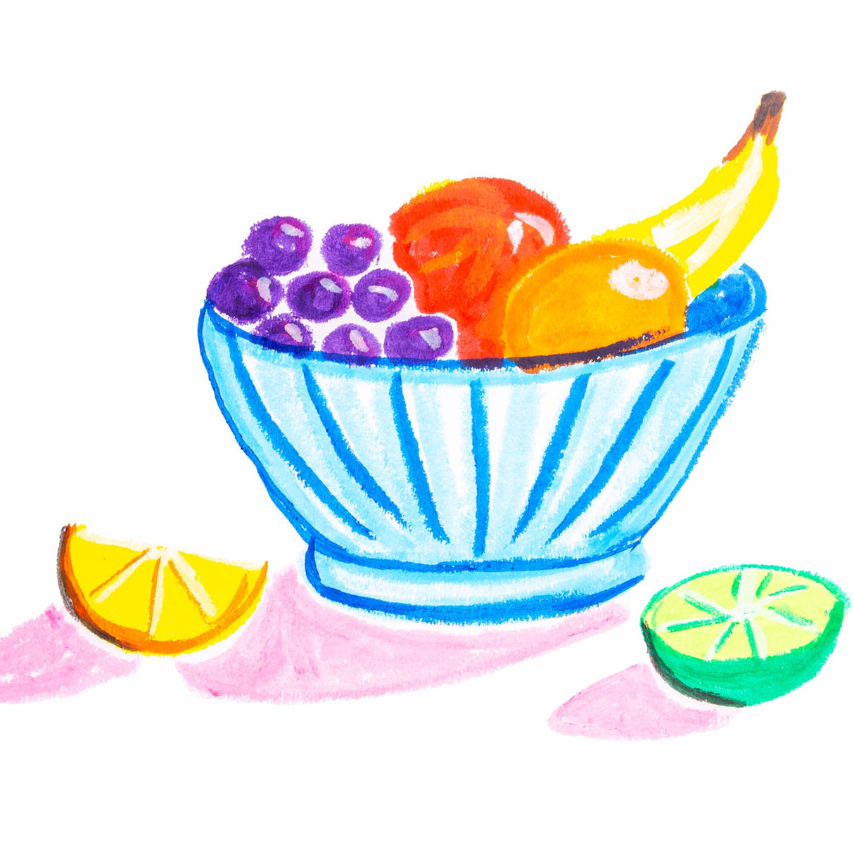 Illustration of a bowl of fruit created with Zart Colour Slicks, featuring bright, layered strokes in blue, purple, yellow and orange tones to depict blueberries, citrus slices and a banana.