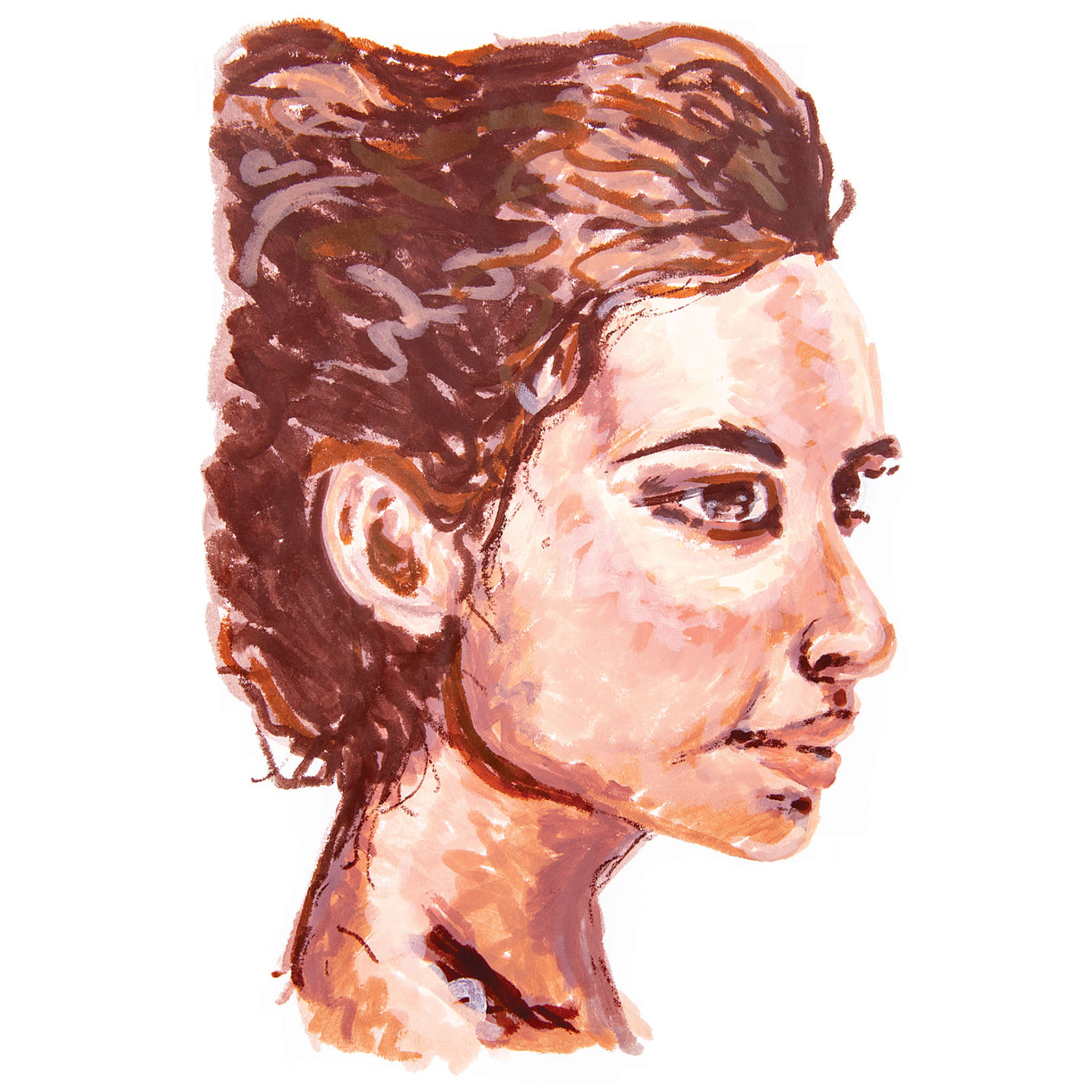 Portrait artwork in profile view demonstrating the Slicks by Zart Skin Tone Pack, featuring expressive brushwork in warm browns, soft peaches, dusky pinks and coral tones. The piece showcases blended skin tones, textured hair with flowing strokes, and delicate facial features rendered with the versatile paint sticks.