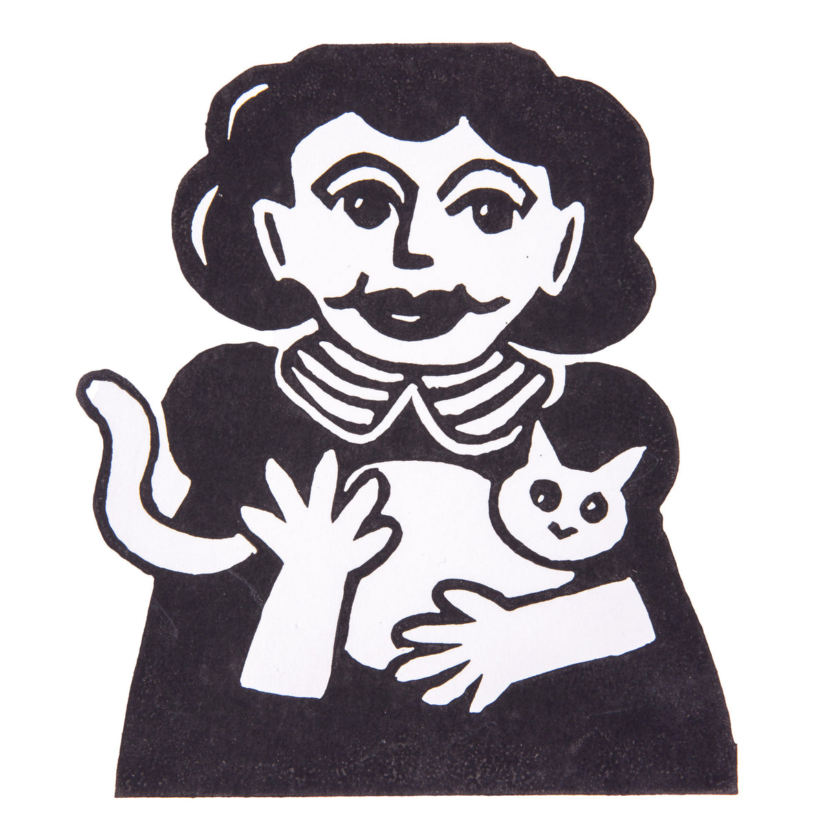 A sample artwork printed using Derivan Block Ink. A bold black and white relief print depicts a figure with curly hair holding a small cat, wearing a striped collar. The image shows strong contrast with expressive, graphic mark-making typical of block printing technique.