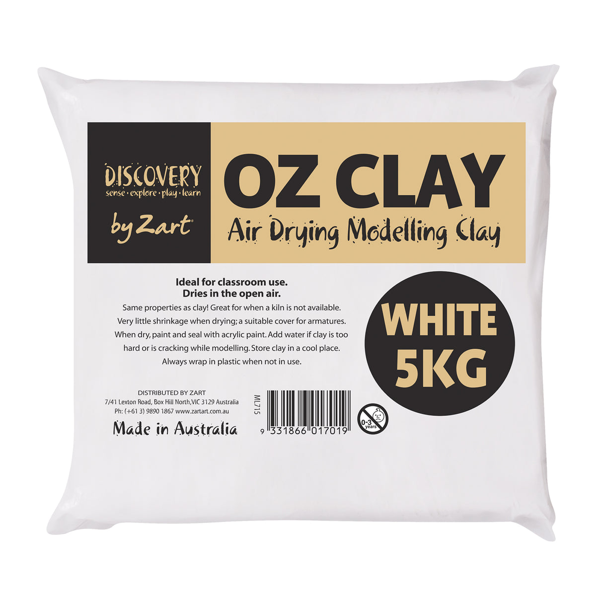 White plastic package of Zart Oz Clay Air Drying Modelling Clay, 5kg. The Discovery by Zart label features black and gold branding with a black circle indicating WHITE 5KG. Product description states ideal for classroom use, dries in the open air, made in Australia.
