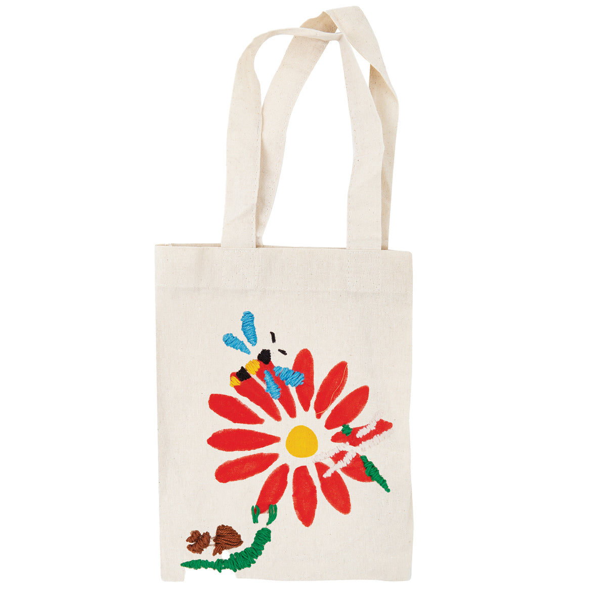 A Zart Calico Bag decorated with a large red flower design, painted petals radiating from a yellow centre, with embroidered green stem and leaves below. Coloured thread embellishments form a bee in blue, black and yellow, and a white stitched butterfly resting on the petals.