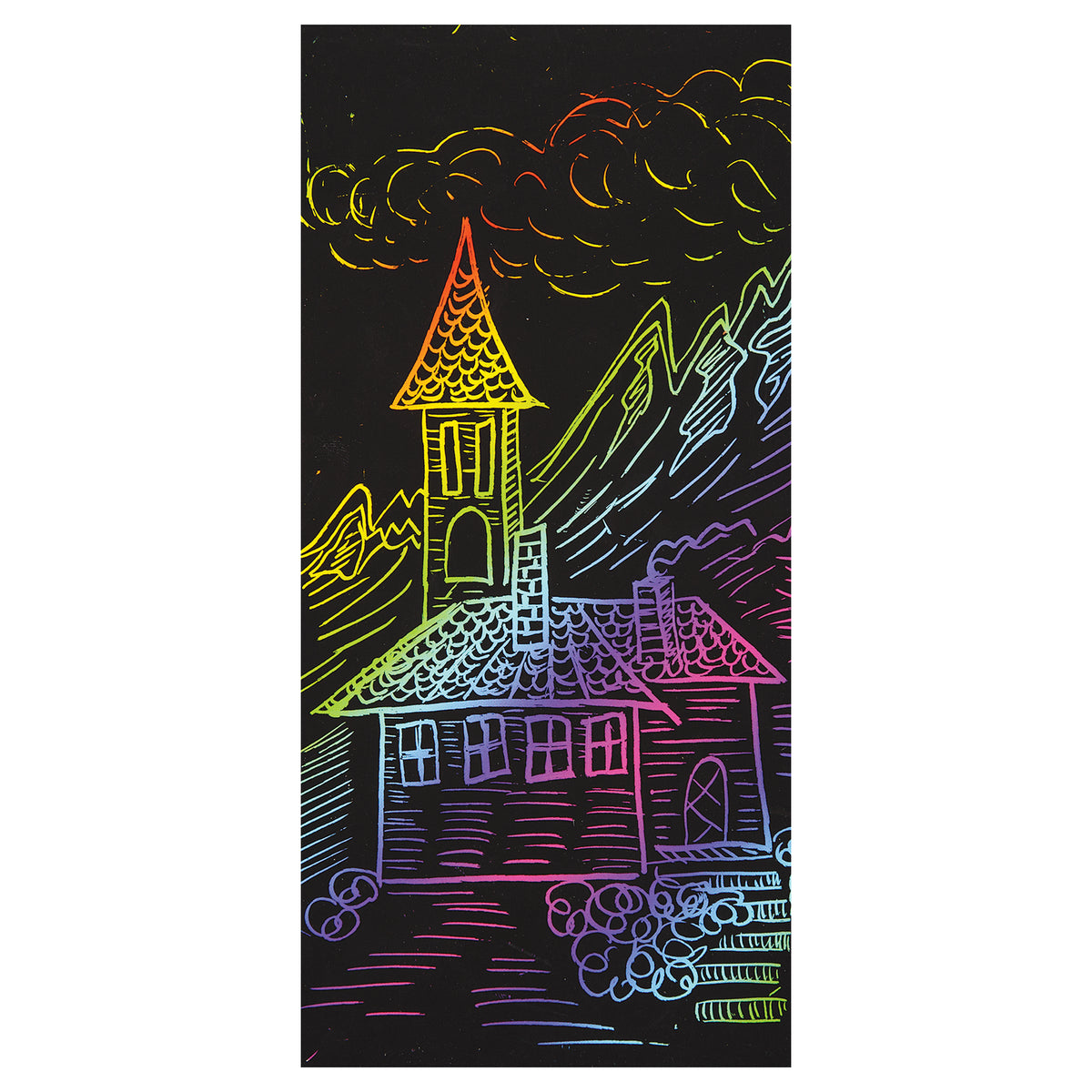 A scratch artwork on black card showing a tall church or chapel with a steeple, tiled roof and arched windows set among mountains and clouds. The scratched lines reveal bright rainbow colours — orange and yellow through the steeple down to pink and blue below.