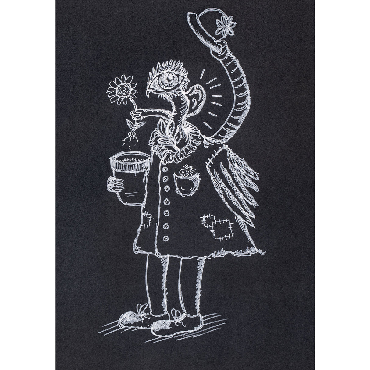 White line drawing on black paper depicting a cheerful scarecrow character wearing a wide-brimmed hat decorated with a flower, holding a sunflower in one hand and a potted plant in the other. The illustration demonstrates the fine, precise line work achievable with white markers on dark surfaces, showcasing detailed cross-hatching and decorative patterns throughout the whimsical figure.