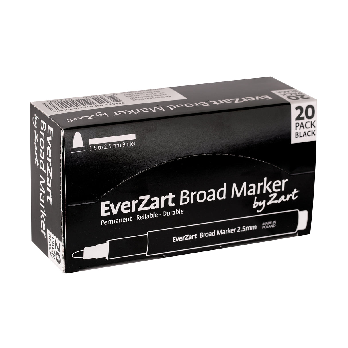 Black rectangular box packaging for EverZart Broad Marker containing 20 black markers. The box displays product branding, descriptive text reading Permanent · Reliable · Durable, a bullet tip diagram labelled 1.5 to 2.5mm Bullet, and a simplified marker illustration showing the broad 2.5mm tip design.