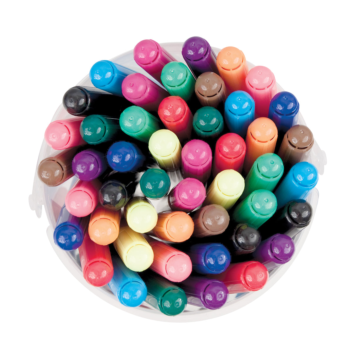 Overhead view of a clear cylindrical container filled with 48 thick markers in assorted school colours including pink, purple, blue, green, yellow, orange, brown, and black. The chunky rounded marker caps are tightly arranged, displaying a vibrant rainbow spectrum of educational art supplies suitable for classroom use.