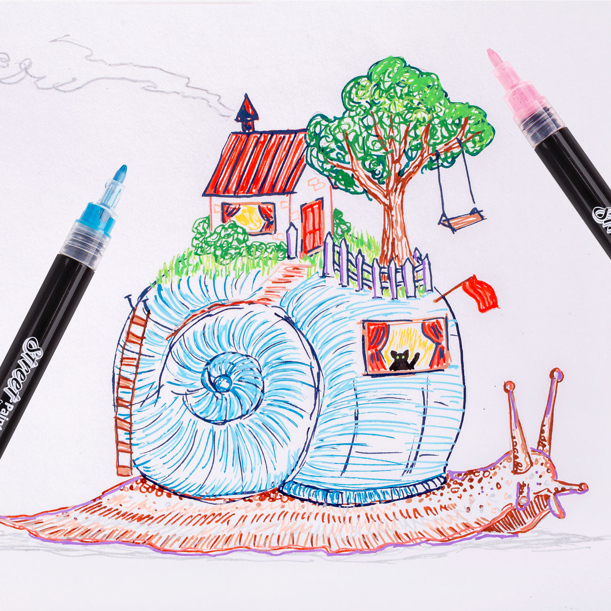 A whimsical illustration of a snail carrying a cottage-topped shell house, complete with tree, swing, picket fence and a cat peeking from a lit window. Rendered in bold outline and vivid colour using Street Paint Markers by Zart, with a blue and pink marker shown alongside the artwork.