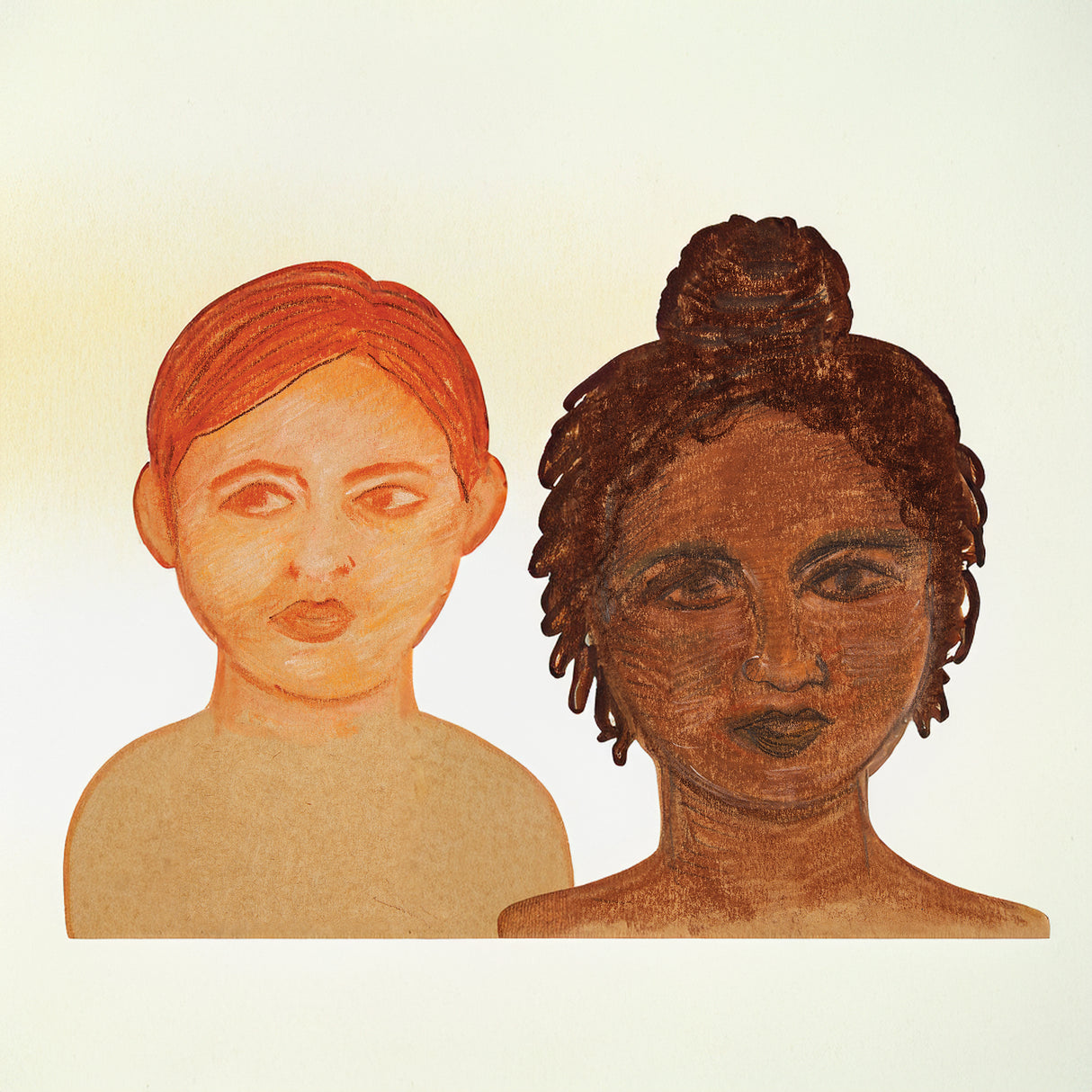 Two pastel portraits drawn on light paper demonstrating a range of skin tones. One figure with pale skin and red hair faces forward with softly blended orange and peach tones. The second portrait shows a darker-skinned figure with textured hair in a bun, using layered browns and warm highlights.