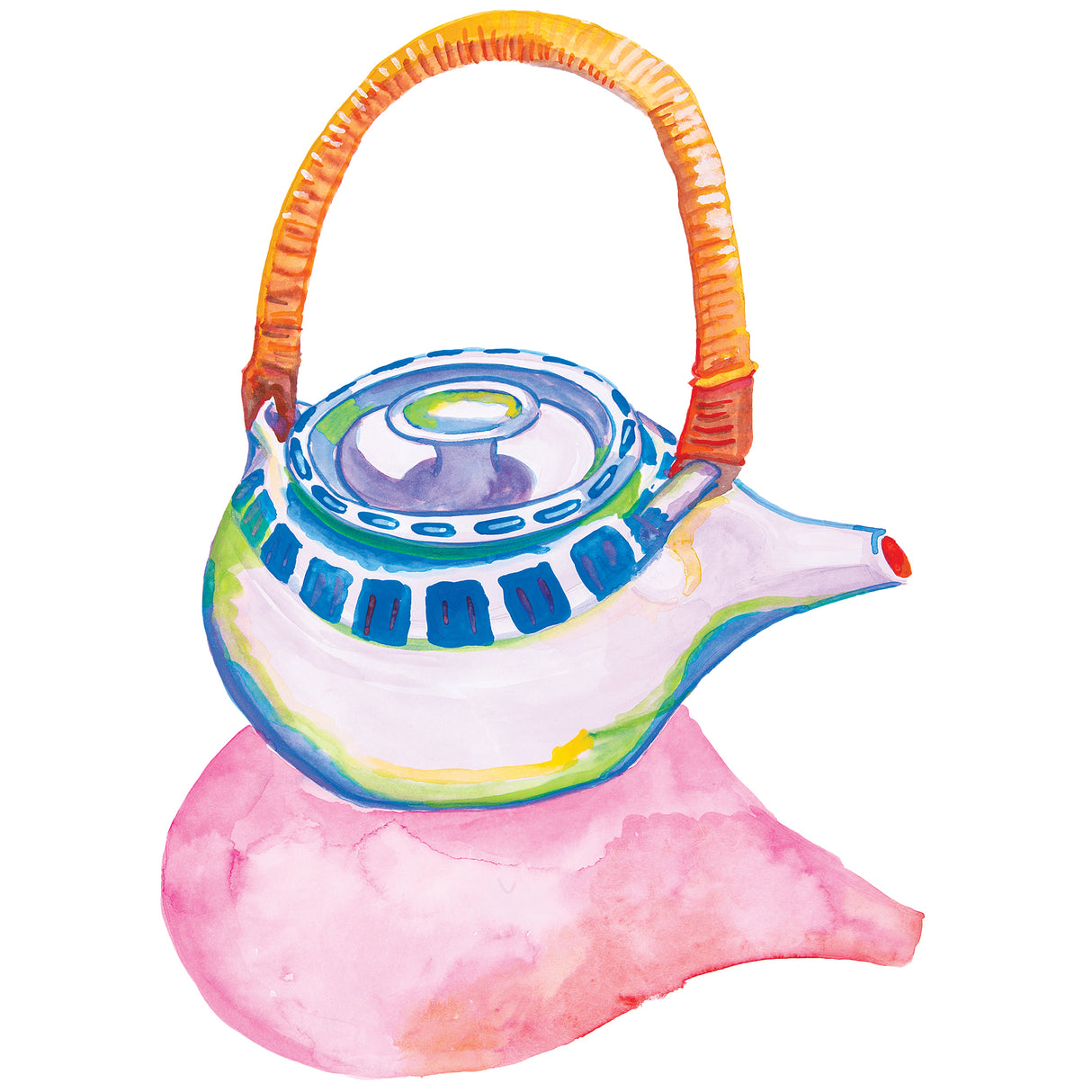 Watercolour-style painting of a teapot with a curved handle and rounded lid, rendered using Art Spectrum Gouache. Layered brushstrokes in blue, green, purple and orange create soft tonal transitions, with visible edges and semi-opaque colour over a pink wash background.