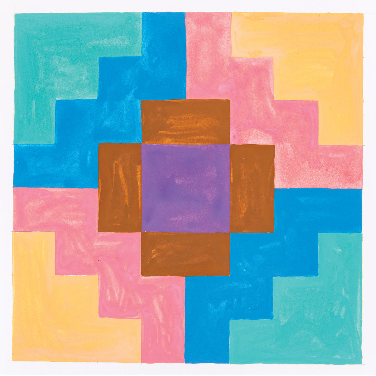 Artwork sample created with Creamy Colours Watercolours by Zart Macaron, featuring an abstract arrangement of stepped geometric shapes in pastel peach, pink, mint green and blue. A central square design combines caramel brown and grape purple tones, with soft blended watercolour textures throughout.