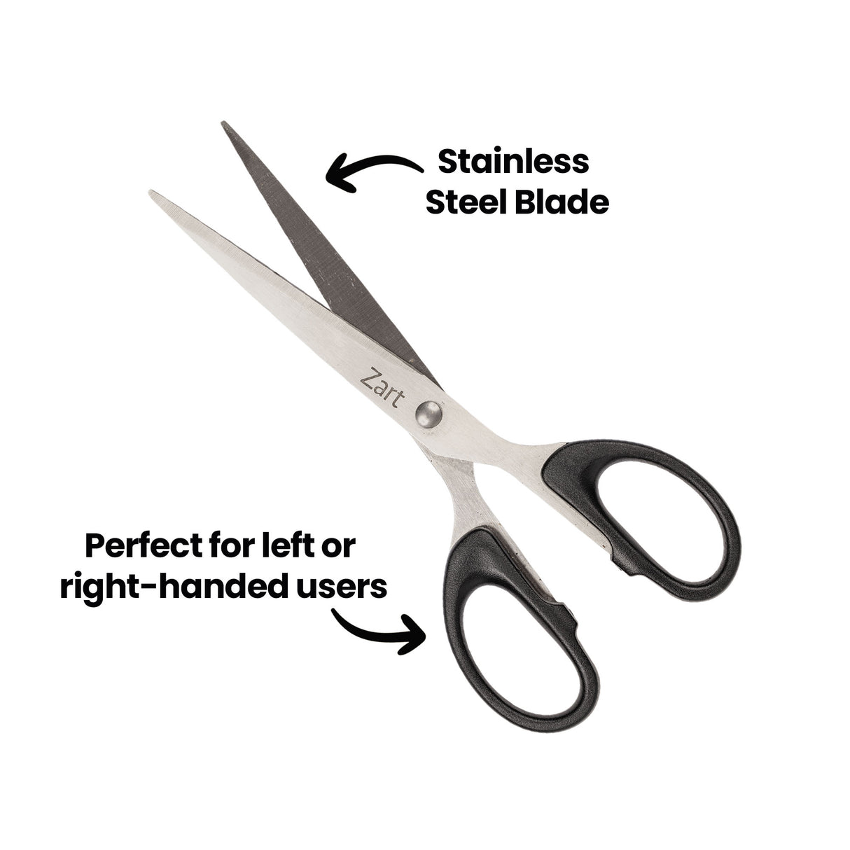 Stainless steel scissors with black handles shown open. Annotation text reads “Stainless Steel Blade” pointing to the blade and “Perfect for left or right-handed users” pointing to the handles.