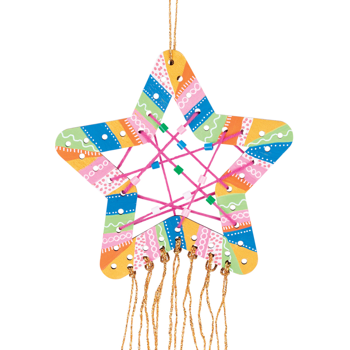 A finished sample of the Zart Wooden Weaving Star, painted in bands of orange, blue, green, pink and yellow with dotted and wavy patterns. Bright pink yarn is woven star-shaped across the open centre, threaded with small coloured beads, with gold jute tassels hanging from the bottom points.