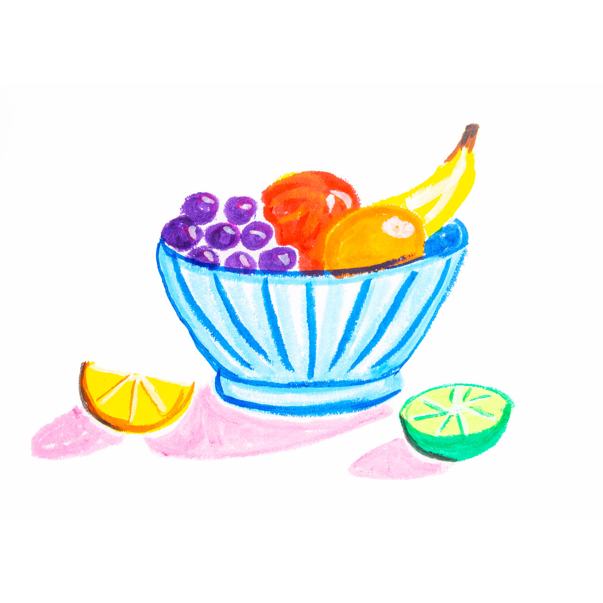 A bright still-life illustration created with Zart Colour Slicks, featuring a blue bowl filled with grapes, an orange, an apple and a banana, with lime and lemon segments resting beside it. Colours appear soft and blendable with a painted texture.