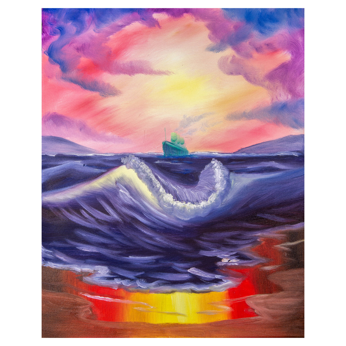 A vivid seascape painted on a Zart stretched canvas, showing a curling blue-purple wave beneath a sunset sky streaked with pink, orange, purple and yellow. A small green ship sits on the horizon, with bands of red, yellow and brown along the lower edge.