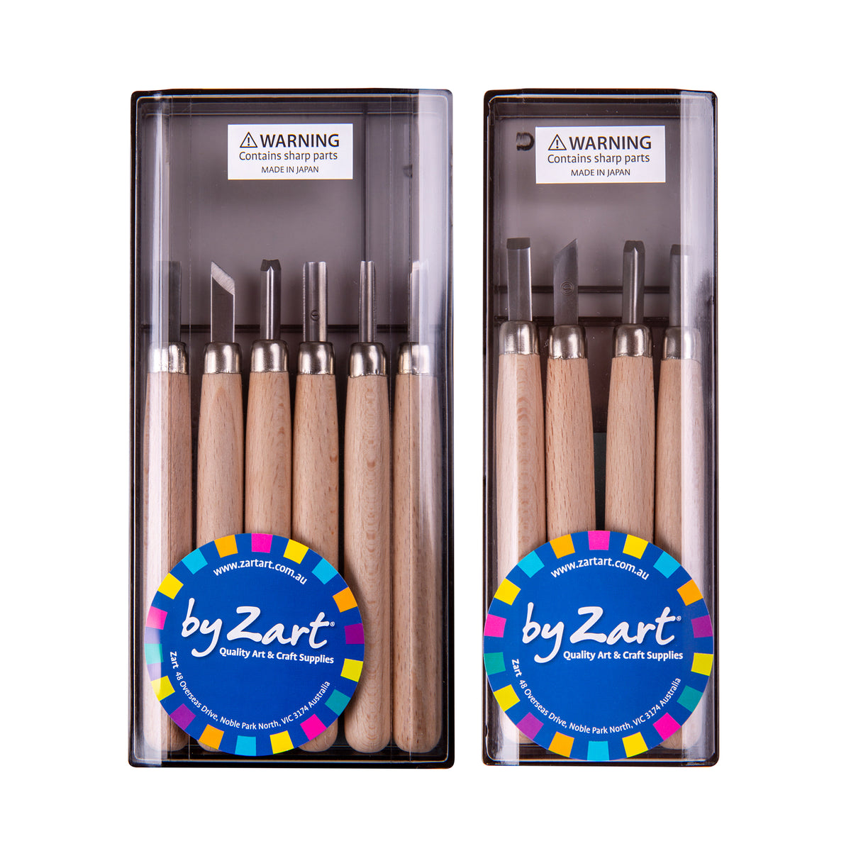 Two clear plastic cases of Zart carving tools with pale wooden handles and steel tips, displayed side by side. The left case holds six tools, the right holds four. Each carries a blue "by Zart" label and a small sharps warning notice at the top.