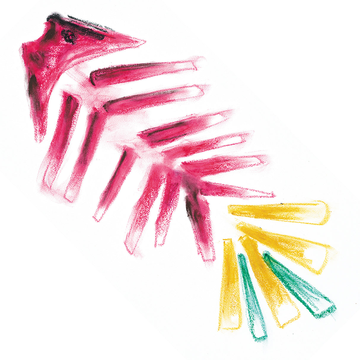 Loose pastel drawing of a fish created with Mungyo dry pastels on white paper. The fish is formed with quick magenta and pink strokes, with darker marks defining the eye and head. Soft dusty edges and visible pigment show the powdery texture and blendable colour of dry pastel.