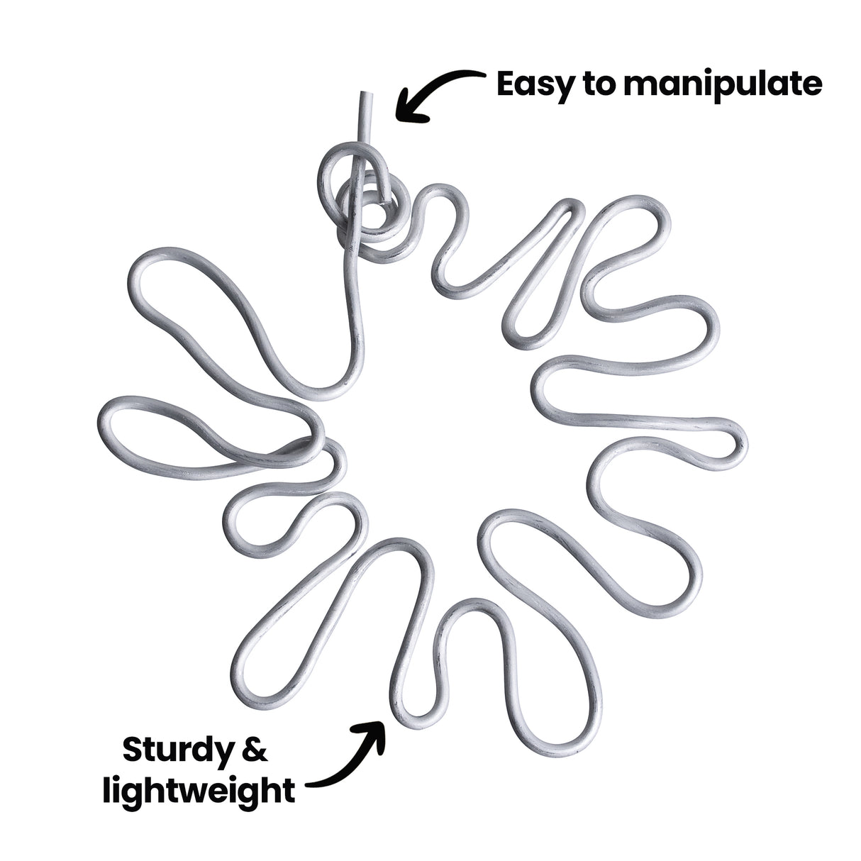 Coiled Armature Wire arranged in a circular formation on a white background. On-image text reads Easy to manipulate and Sturdy & lightweight with arrows pointing to the smooth, silver wire to highlight its flexibility and strength.