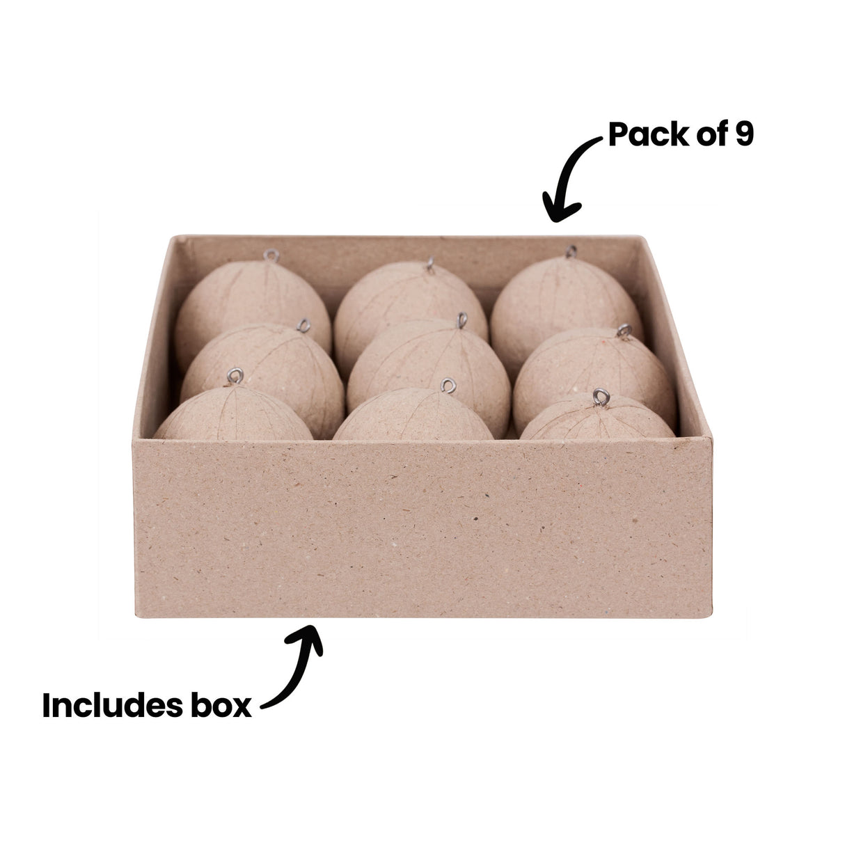 An annotated image of an open box containing nine unpainted Zart Papier-mache Baubles in natural kraft brown, arranged in three rows of three with wire hanging loops visible. Labelled "Pack of 9" and "Includes box", showing the storage box doubles as packaging.
