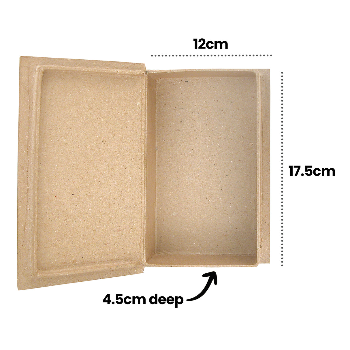 An annotated image of an open, unpainted Zart Papier-mache Book box, shown from above to display its natural kraft brown interior compartments with clean, straight edges. Labelled "12cm", "17.5cm", and "4.5cm deep", indicating the overall width, height, and depth dimensions of the box.