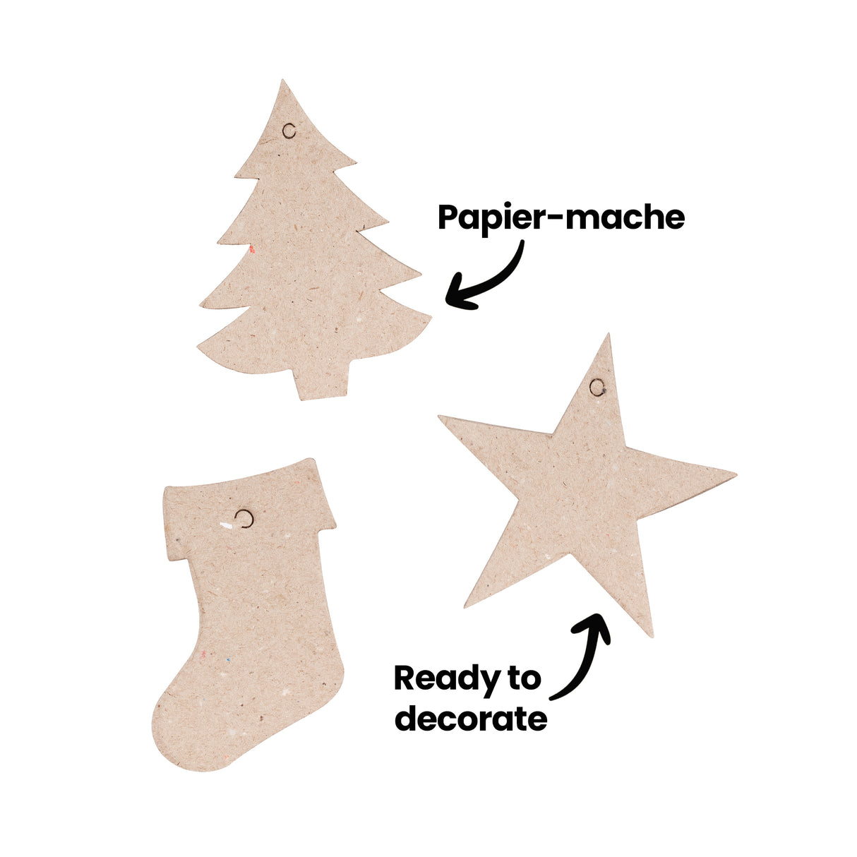 An annotated close-up of three unpainted Zart Papier-mache Christmas shapes, a tree, a stocking, and a star, each in natural kraft brown with a hanging hole. Labelled "Papier-mache" and "Ready to decorate".