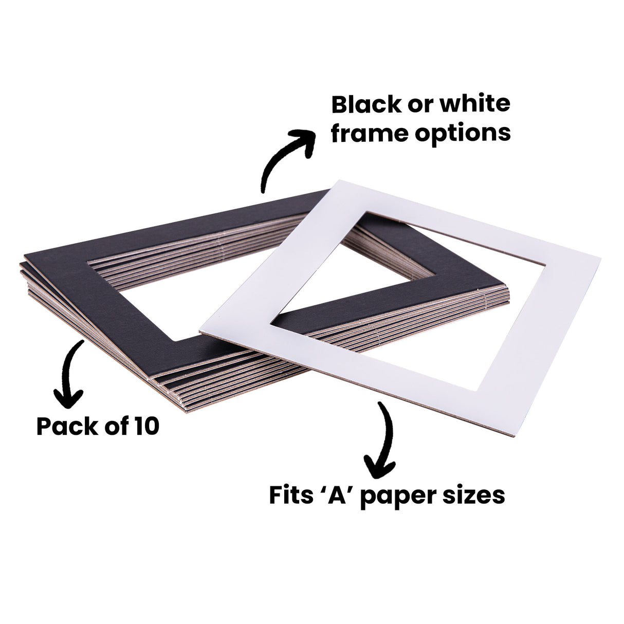 Two stacks of pre-cut cardboard picture mounts displayed diagonally, showing both black and white frame options in a Pack of 10. The bevelled mounts reveal layered edges and rectangular apertures. Annotations read: Black or white frame options, Pack of 10, and Fits 'A' paper sizes.