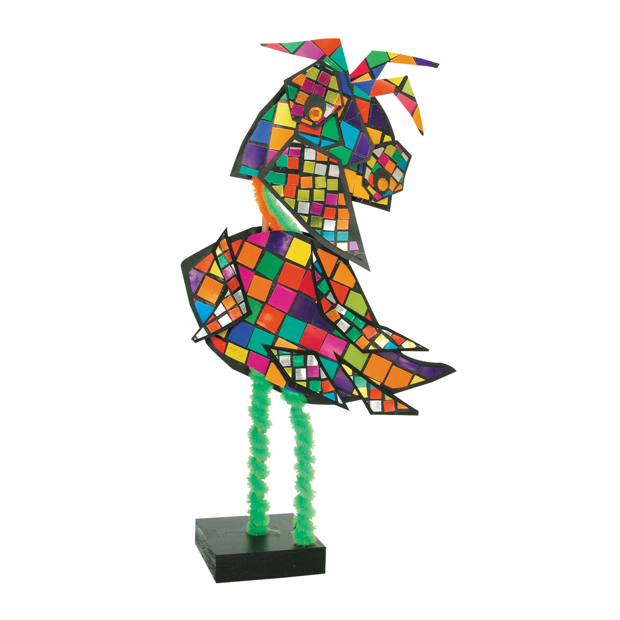 A standing bird sculpture decorated with Cardboard Mosaic Squares 2cm Pack of 4000 in a rainbow of colours outlined in black. The body and head are mosaic-covered, mounted on green pipe-cleaner legs and a black base, showing a three-dimensional craft application.