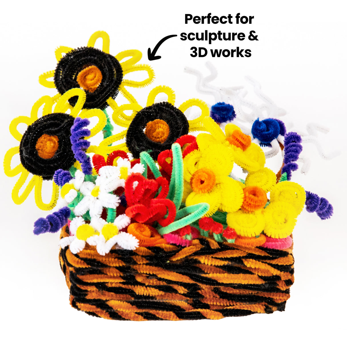 A flower basket sculpture made entirely from Zart Basics chenille stems, with the annotation "Perfect for sculpture & 3D works". A woven brown and orange basket holds bright blooms — black petals with orange centres, plus yellow, white and purple flowers on green stems.