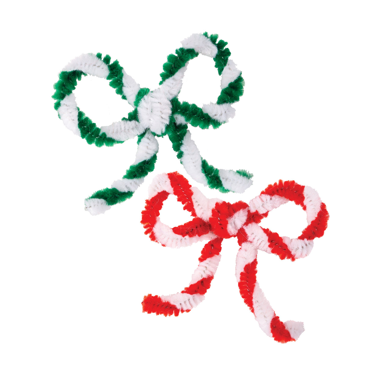 Two bow-shaped samples made using Zart Chenille Stems Christmas Stripe stems, one in green and white, the other in red and white. Each pair of stems is twisted together and shaped into loops with trailing tails, resembling a neatly tied festive ribbon bow.