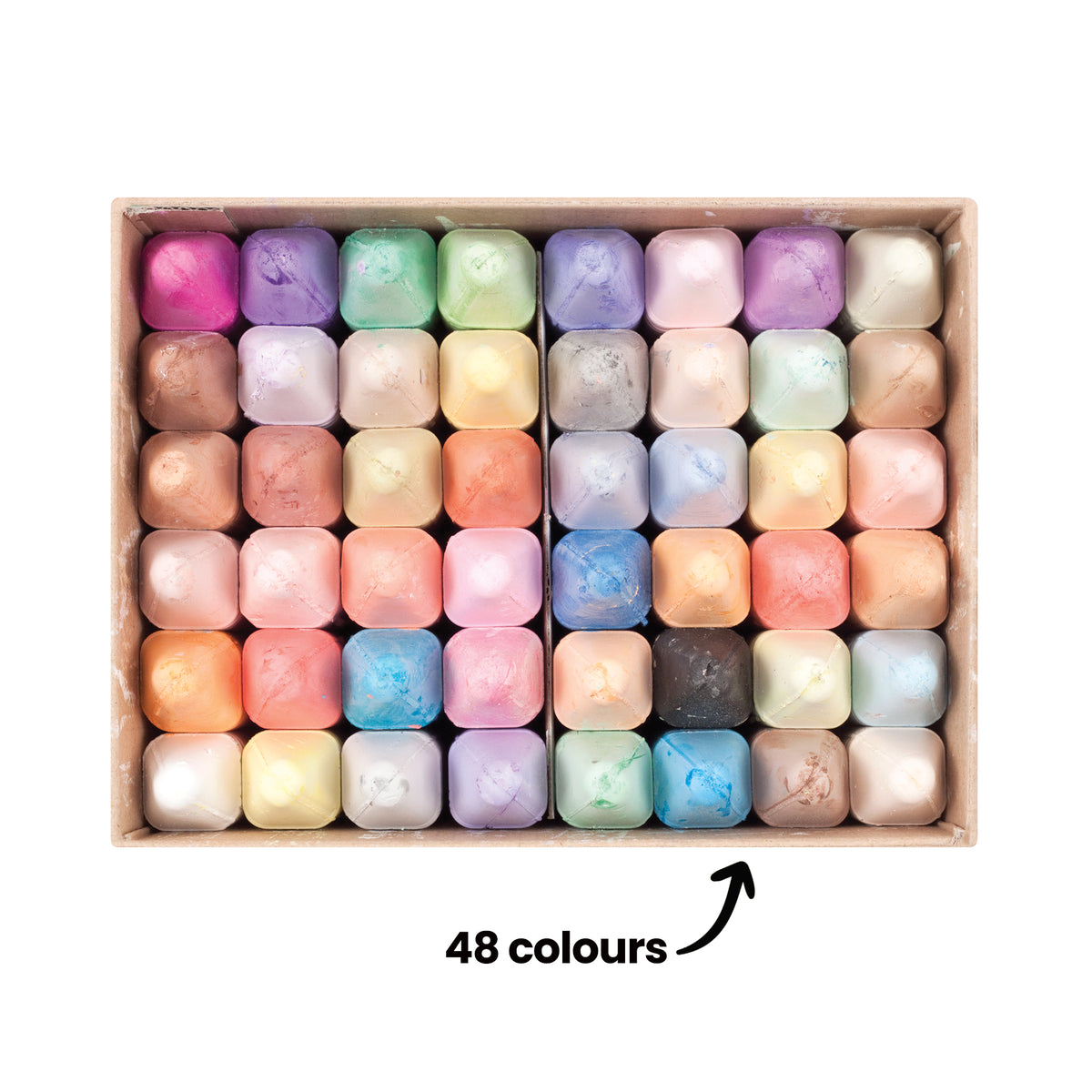 A top-down view inside an open cardboard carton filled with chalk ends arranged in a neat grid, showing a broad spectrum of pastel and bright colours including pinks, purples, blues, greens, browns and yellows. A black arrow and the words "48 colours" point up to the carton.