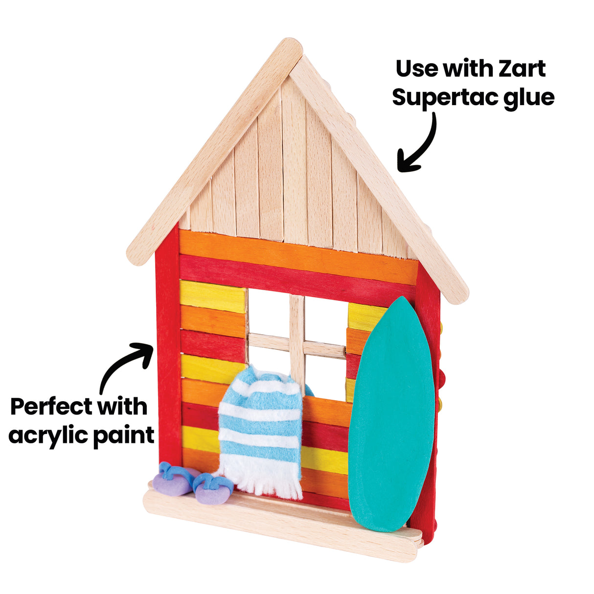 Small wooden house made from craft sticks, painted red, orange and yellow, with on-image text reading “Perfect with acrylic paint” and “Use with Zart Supertac glue,” and arrows pointing to the painted surfaces.
