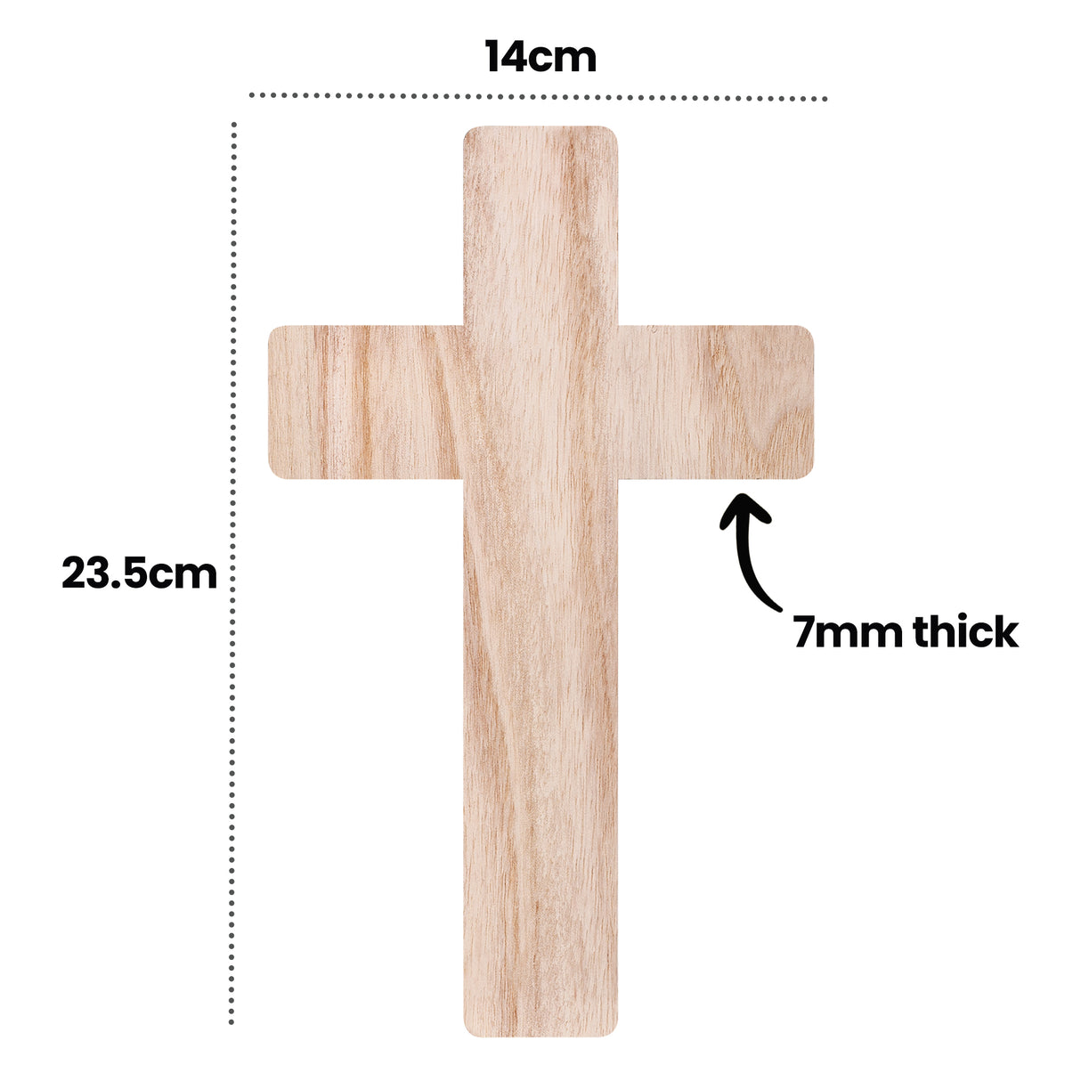 Plain wooden cross displayed with measurement annotations. Top width labelled "14cm", overall height marked "23.5cm", and thickness indicated by arrow reading "7mm thick". Light timber grain visible with rounded corners. Image clearly communicates scale and proportions for planning decoration, mosaic placement, or classroom craft activities.