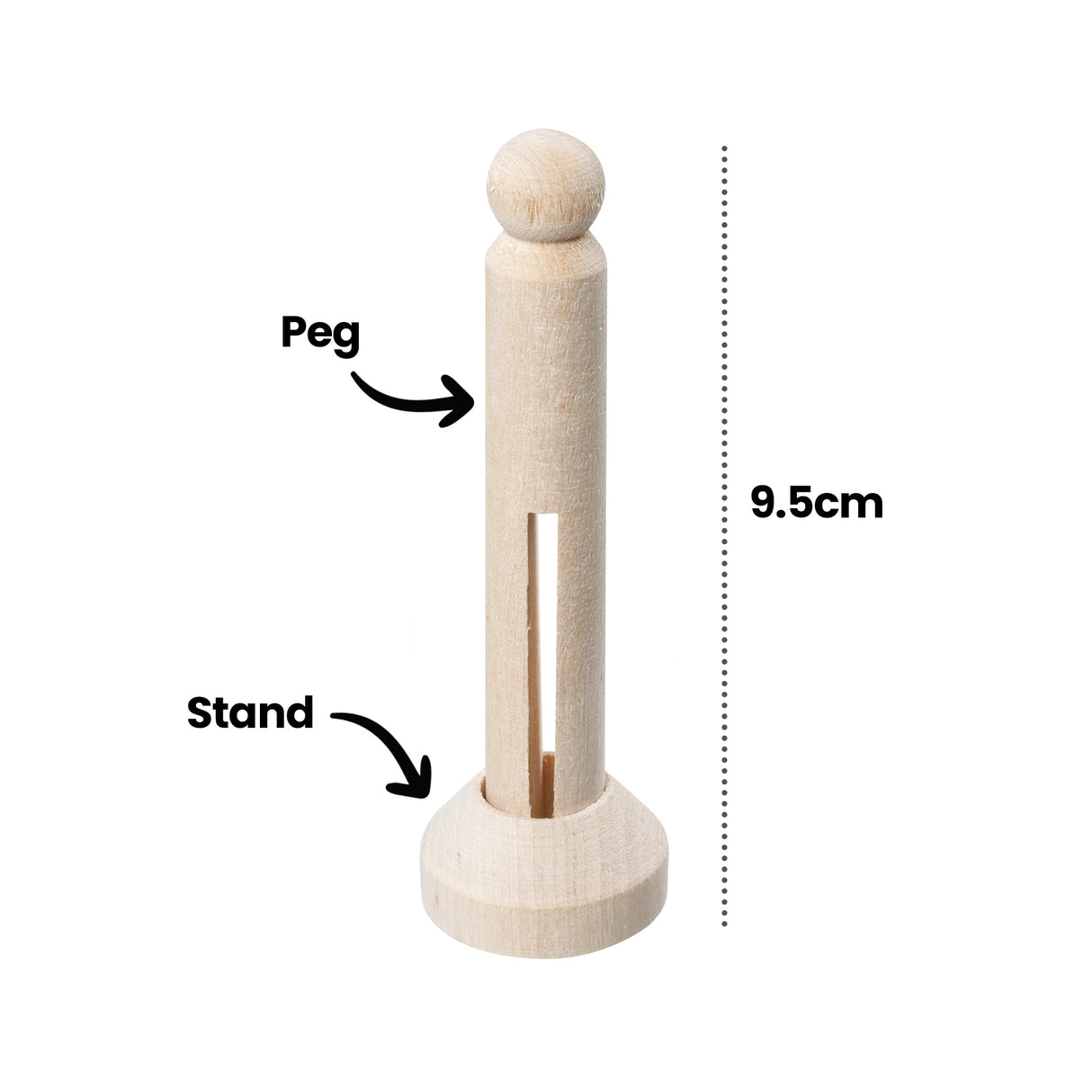 A single Zart Wooden Peg and Stand piece in natural timber, with labels identifying the ball-topped "Peg" section and the round "Stand" base. A dimension line marks the total height at 9.5cm.