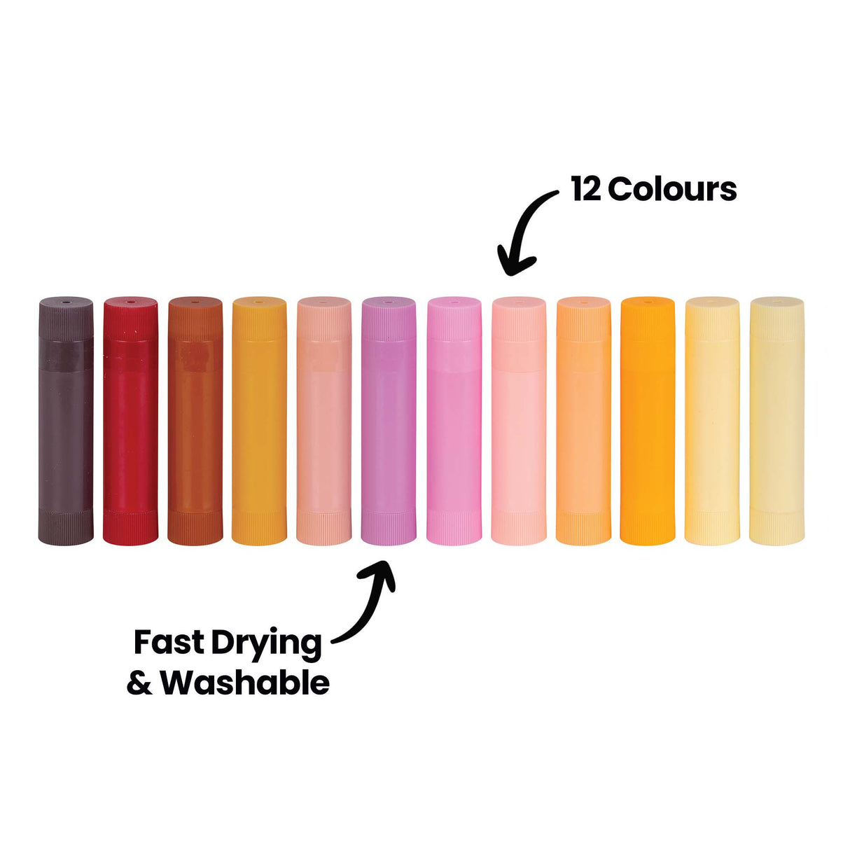Twelve cylindrical twist-up paint sticks in warm earth tones arranged horizontally, ranging from deep brown and burgundy through orange, coral, pink, and peach to golden yellow and pale cream. Text reads 12 Colours and Fast Drying & Washable.