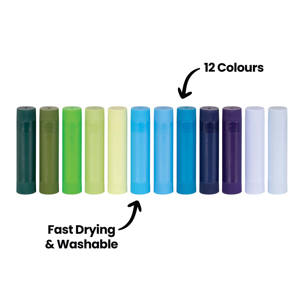 Twelve cylindrical paint sticks in the Cool Ocean Set arranged in a gradient from dark forest green through lime, yellow, bright cyan, turquoise, teal, navy, deep purple, to pale lavender and white. Text annotations read "12 Colours" and "Fast Drying & Washable" with directional arrows pointing to the colour range.