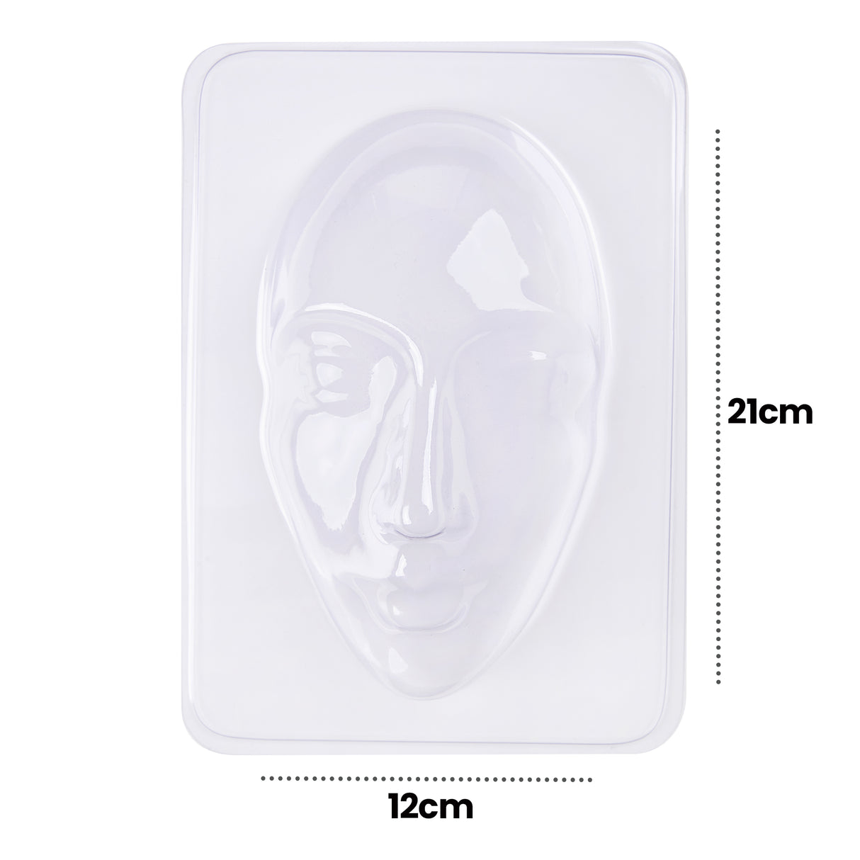 Clear plastic female face mould tray displaying a realistic facial impression with defined features including eyes, nose, and lips. The rectangular mould measures 12cm wide by 21cm high, as indicated by dotted measurement lines along the edges. White background.