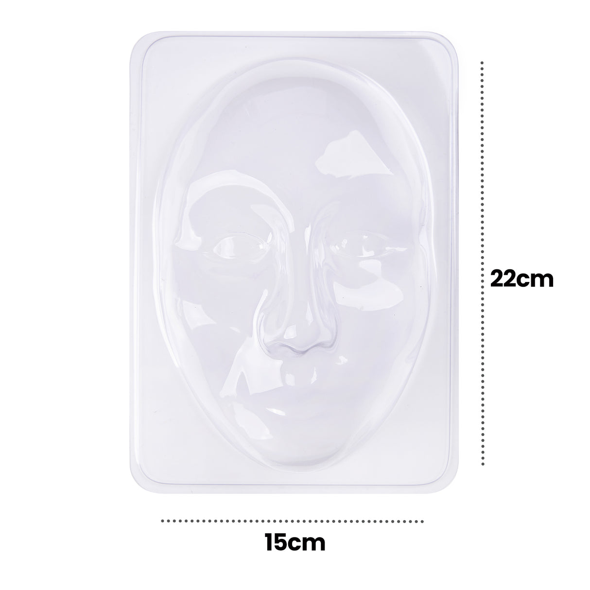 Clear plastic Mask Mould Male showing a raised three-dimensional male face with defined features including eyes, nose, and mouth on a rectangular base. Measurement annotations indicate 22cm height and 15cm width, displaying the mould's dimensions for creating face masks or decorative pieces.