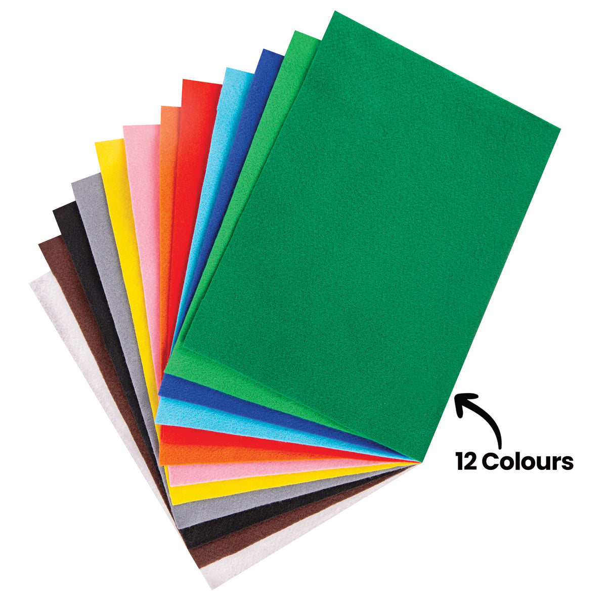 A fanned stack of Zart felt sheets in twelve colours, including white, brown, black, grey, yellow, pink, orange, red, sky blue, navy and two shades of green. Each sheet has a soft, matte, slightly fuzzy surface. A black annotation reads "12 Colours" with an arrow pointing to the fan.