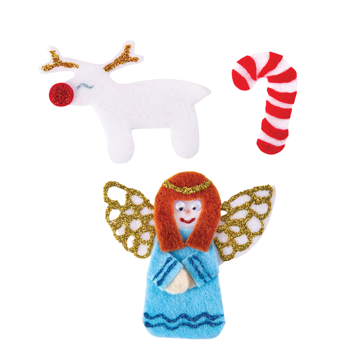 Three Zart Felt Christmas Shapes decorated as samples: a white reindeer with a glittered red nose and gold antlers, a red-and-white striped candy cane, and a layered angel with joggle eyes, orange fringe hair, a gold glittered halo and glitter-trimmed wings.