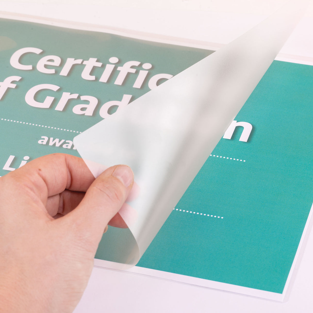 A hand peels back a translucent Zart Laminating Pouch from a green certificate document. The frosted semi-transparent surface softens the printed text beneath while highlighting the flexible plastic material, smooth finish, and rounded edge corners of the pouch.